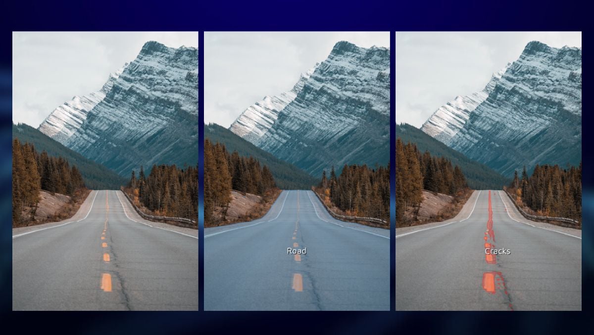 This is an image that depicts a photo of a road without annotations and a photo of a road with segmentation.